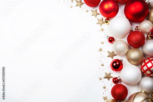 Christmas and New Year colorful balls and stars lying on white flat lay background.