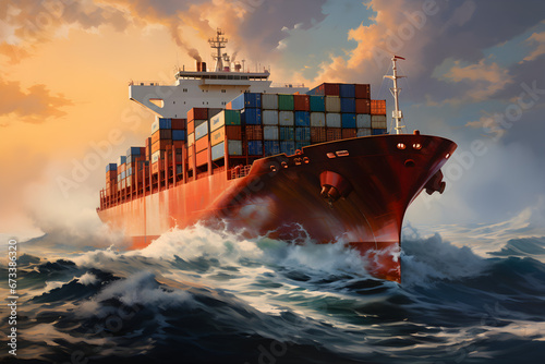 A cargo ship, loaded with containers, speeds over the calm ocean,