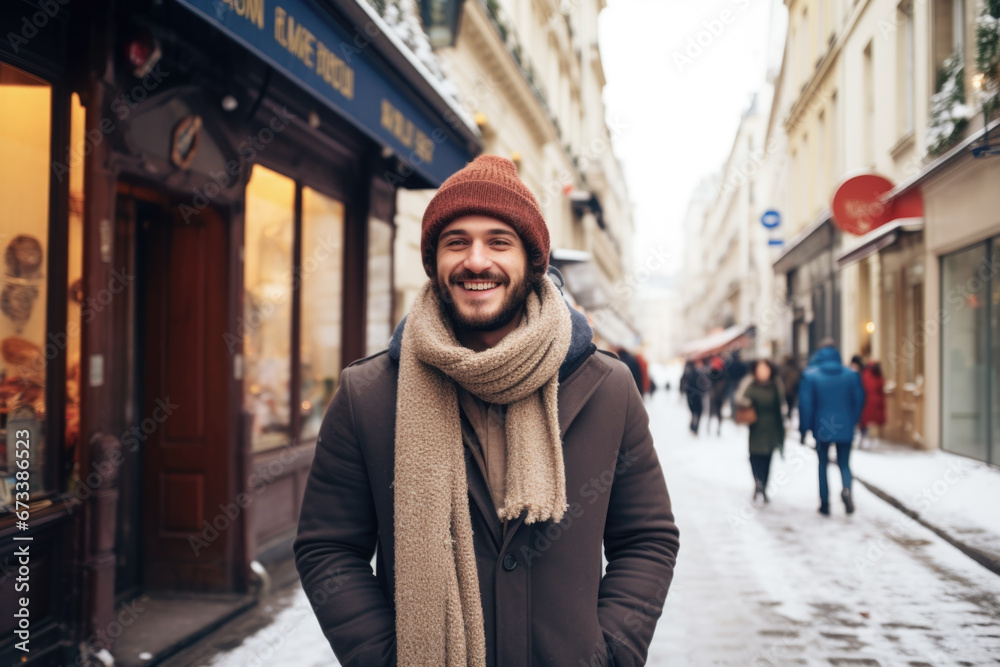 Portrait of young happy smiling man in winter clothes at street Christmas market in Paris. Real people Portrait of young happy smiling man in winter clothes at street Christmas market in Paris. Real people