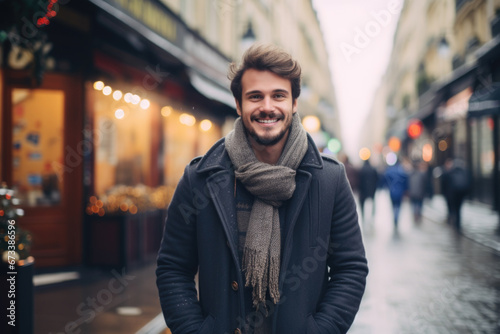Portrait of young happy smiling man in winter clothes at street Christmas market in Paris. Real people © Jasmina