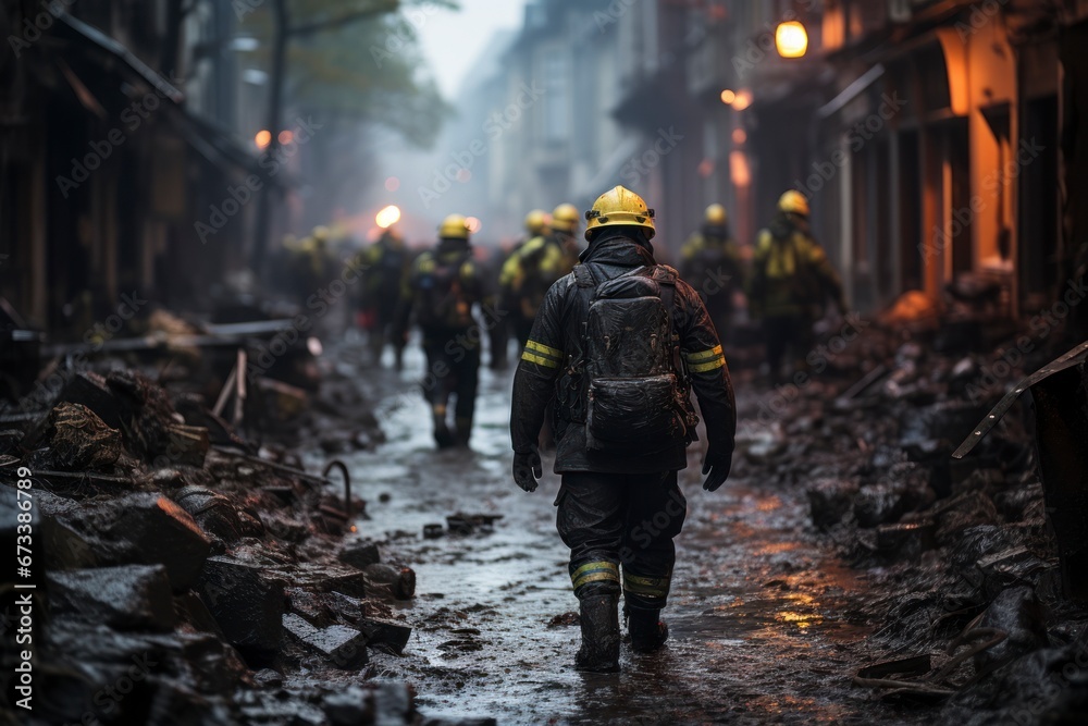 A rescue team searching for survivors in the midst of a city in ruins. A rescue team searching for survivors in the midst of a city in ruins.