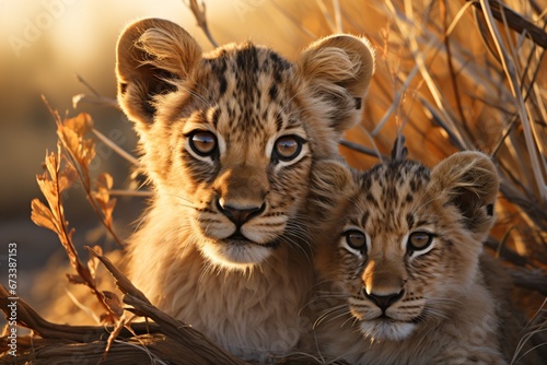 two baby big cats in the evening sun of africa 