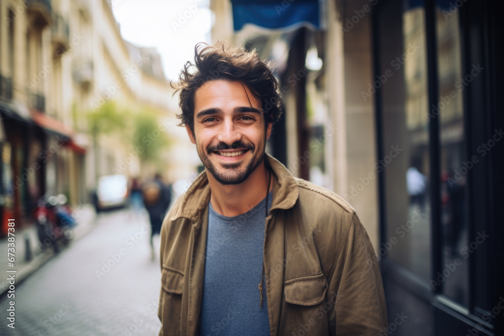 Portrait of a attractive smiling man standing on the city street in Paris	