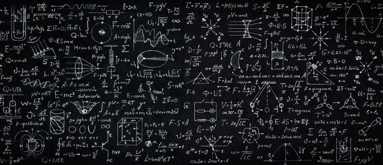 Wide blackboard inscribed with scientific formulas and calculations in physics, mathematics and electrical circuits. Science and education background.
