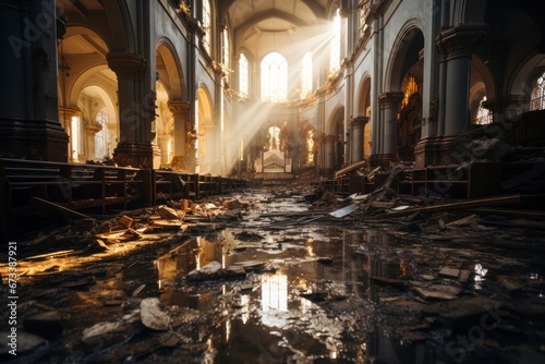 A damaged cathedral with crumbling walls. photo
