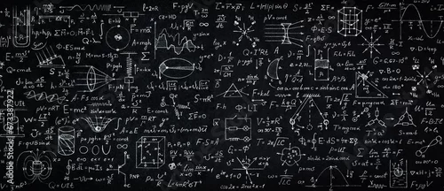 Panel kuchenny z motywem Wide blackboard inscribed with scientific formulas and calculations in physics, mathematics and electrical circuits. Science and education background.
