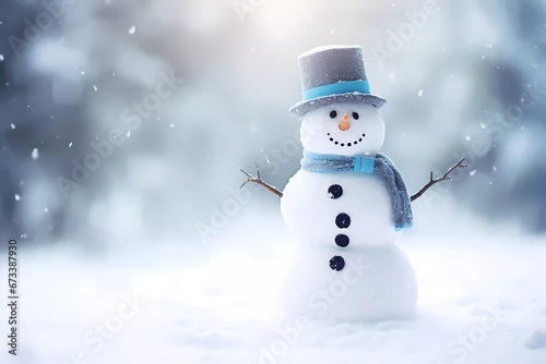 Chrismas decorations on a white snow. Cute Snowman on a blurred background with snowflakes. © serdjo13