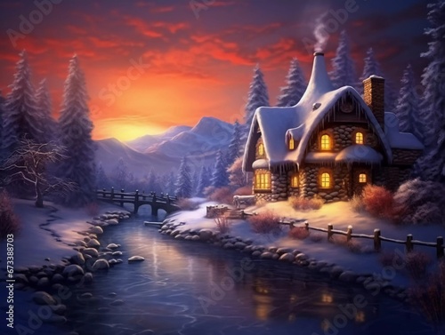 A warm cottage on a winter evening, AI generator