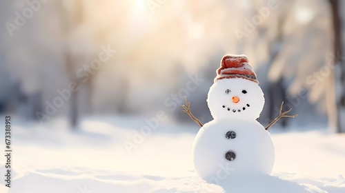 Chrismas decorations on a white snow. Cute Snowman on a blurred background with snowflakes. © serdjo13