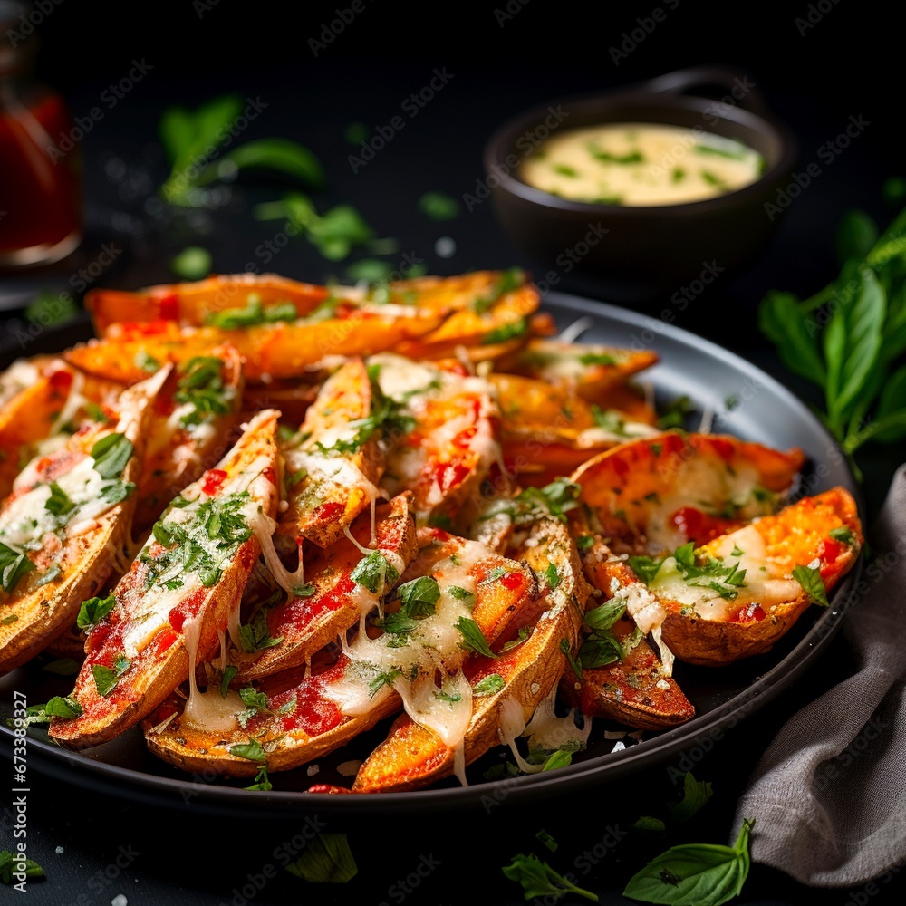 Baked potato wedges with cheese and herbs and tomato sauce on black background - homemade organic vegetable vegan vegetarian potato wedges snack food meal. Made with generative ai. 