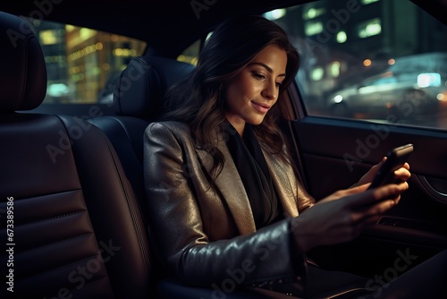 Beautiful young business woman smiling and using smartphone inside the car while traveling during a night. Contacting friends or business associates when you are away © Kowit