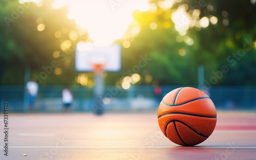 Below, basketball and net with sky in summer for shooting, scoring and points to win game. Hoop, rim and ball in closeup at basketball court for sports, competition or workout at playground, outdoor © Kowit