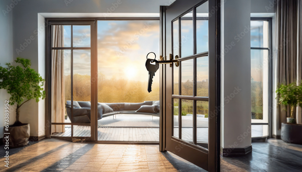 Fototapeta premium Open door with a key to a large bright luxury room with big windows in a new apartment. Mortgage, investment, rent, real estate, property concept