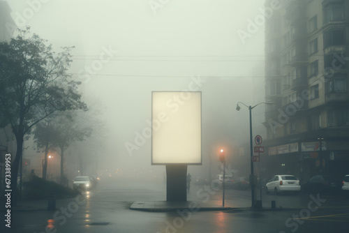 Blank billboard, located on the streets of a small town. Cinematographic scene of stillness and mystery in the streets on a gray day with fog in the air.