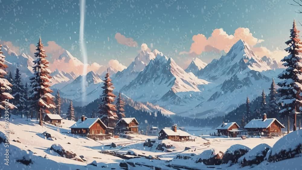 Winter landscape with snowfall and smoke under a cozy cabin nestled at base of large mountain. Snowy scene setting evokes feelings of tranquility and solitude.