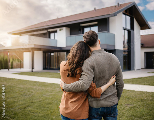 Couple embracing in front of their new big modern house, rear view. Buying your dream home. Mortgage, home loan concept