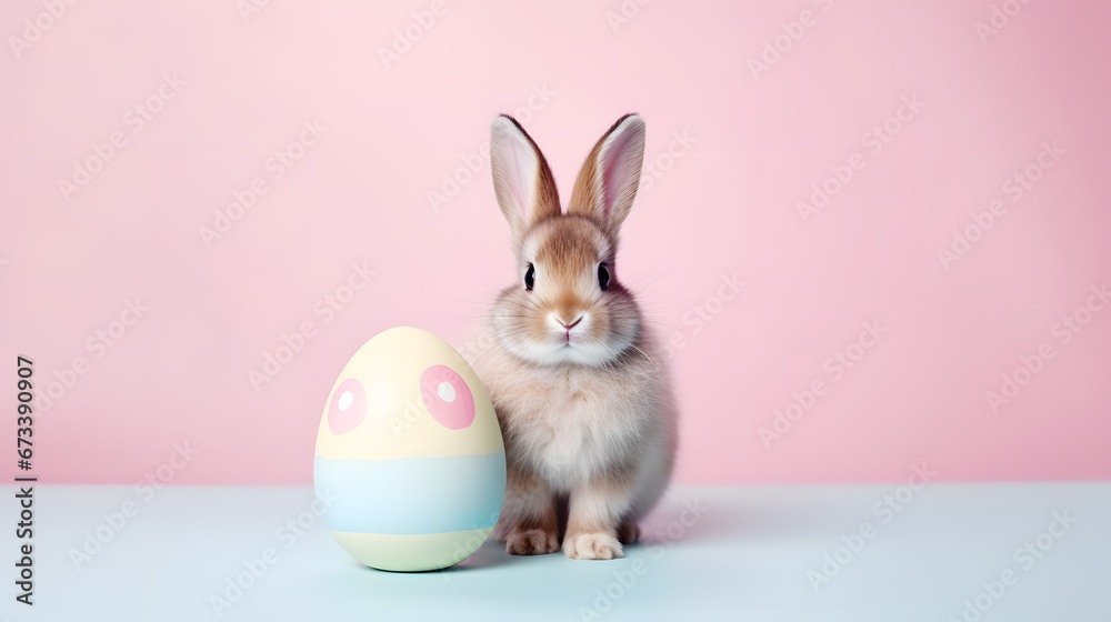Easter Bunny with Decorative Egg on Pastel Pink Background