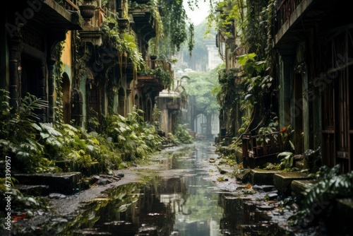 A deserted, overgrown city street with vegetation reclaiming the urban landscape.