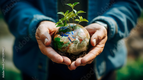 Hands Holding Globe with Growing Plant - Conservation Concept
