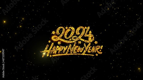 Golden 2024 Happy New year Blast text beautiful Title animation shine flickering firework bokeh background. celebration glittering Holiday. holiday. Countdown new year 2024 festival party time event photo