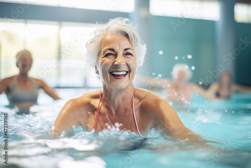Mature women having fun and doing water aerobics in pool