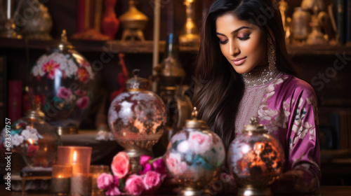 Beautiful Arabian woman in a shop with colourful glass lamps. © Asmodar