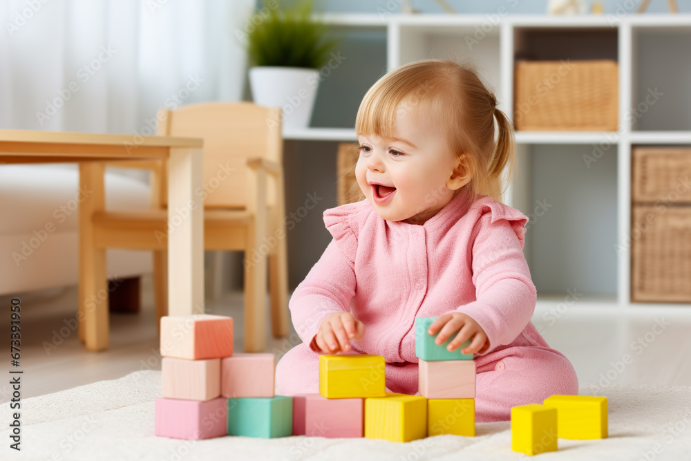 Cute little girl playing with pink wooden blocks. Sustainable eco friendly toys Cute little girl playing with pink wooden blocks. Sustainable eco friendly toys