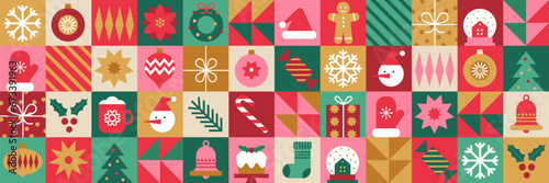 Billede på lærred Christmas geometric seamless pattern with holiday icons elements   for wrapping paper, background, wallpaper