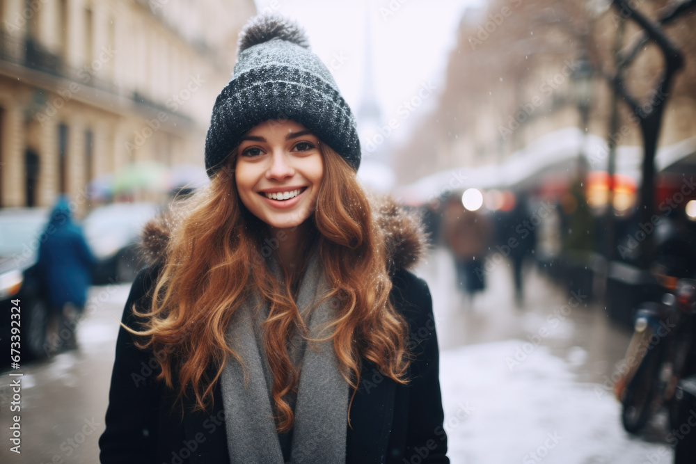Portrait of beautiful young happy woman in winter clothes at street Christmas market in Paris. Real people Portrait of beautiful young happy woman in winter clothes at street Christmas market in Paris. Real people