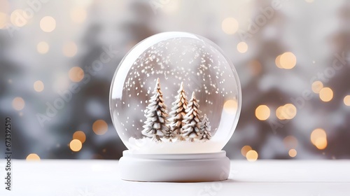 Chrismas decorations on a white snow. Chrismas ball on a blurred background with snowflakes.