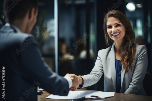 Happy mature business woman manager or lawyer handshaking client at office meeting. Smiling professional businesswoman and businessman shake having partnership agreement with handshake.  photo