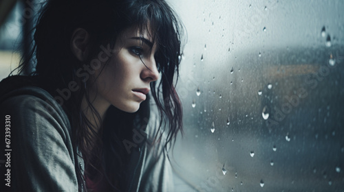 A sorrowful female meditating by a wet window, reflecting on life's ambiguity and the loveliness of sorrow.
