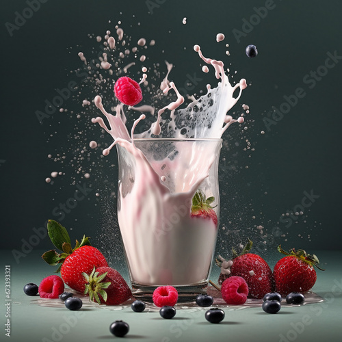 Generative AI illustrations, Fresh raspberry smoothie splash, close up