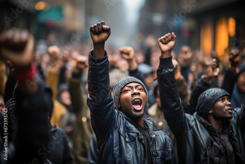 African american ctivists protest with raising fists at city street