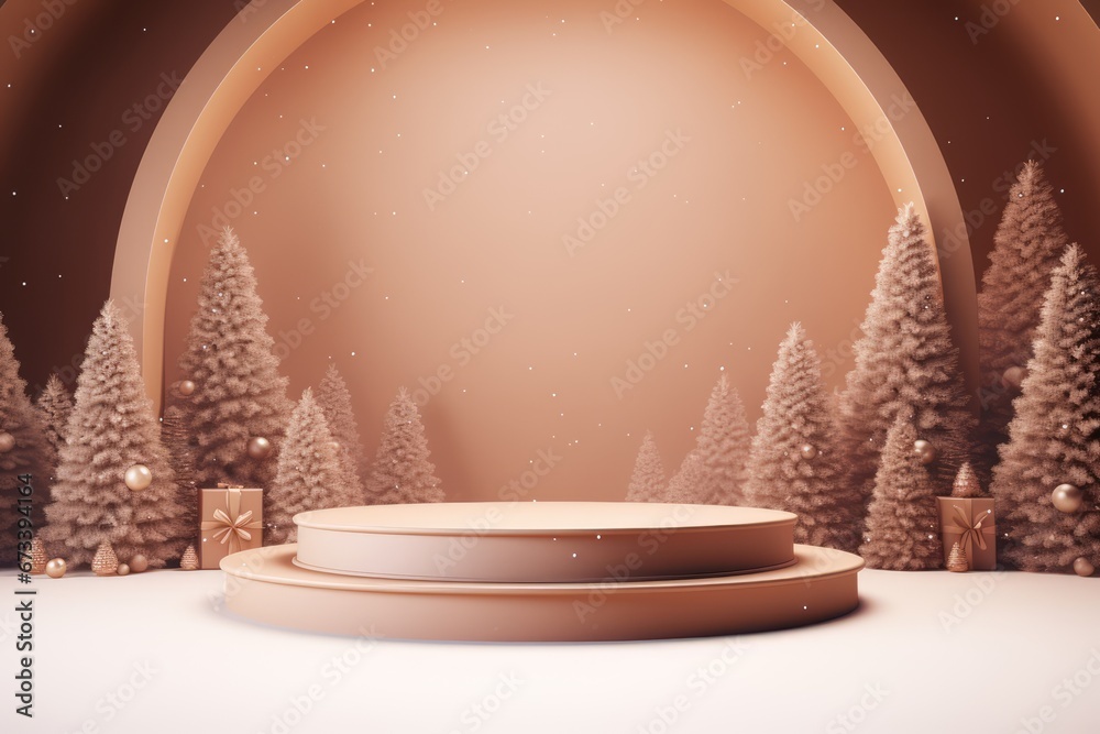 Merry Christmas banner with stage product display cylindrical shape and festive decoration for christmas, Minimal scene for mockup products, promotion display, 3D rendering product display platform.