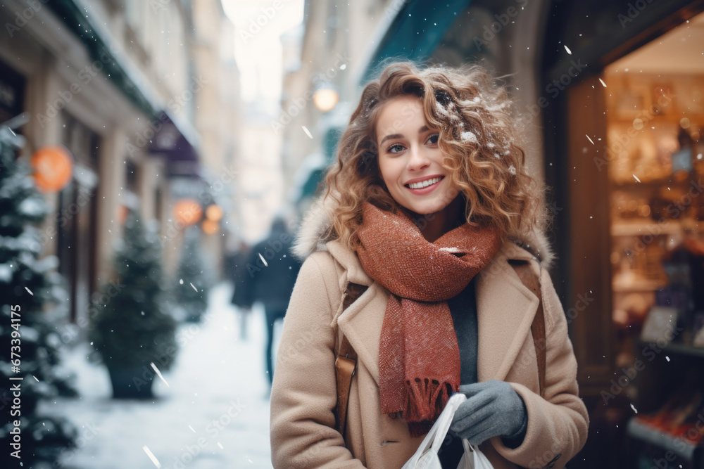 Fototapeta premium Young happy smiling woman in winter clothes at street Christmas market in Paris. Christmas shopping. concept, holding gift box.