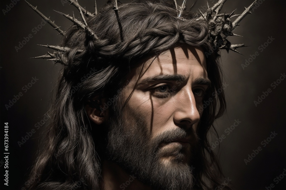 Portrait of Jesus Christ in a thorn crown, generative AI
