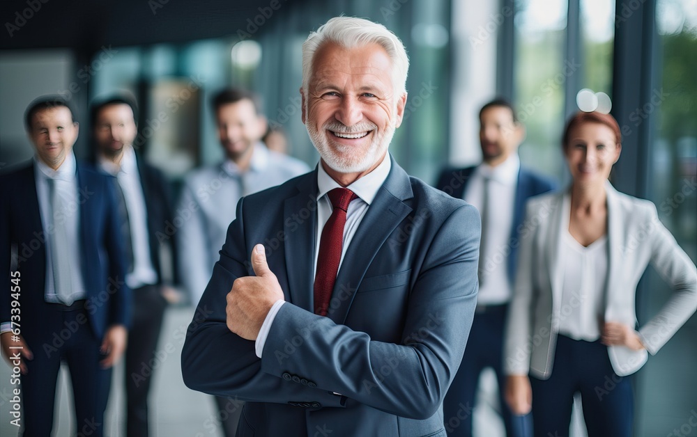Portrait of successful senior businessman standing with his arms crossed businessman and businesswoman over big group of businesspe. Caucasian male entrepreneur in suit looking at camera with a smile.