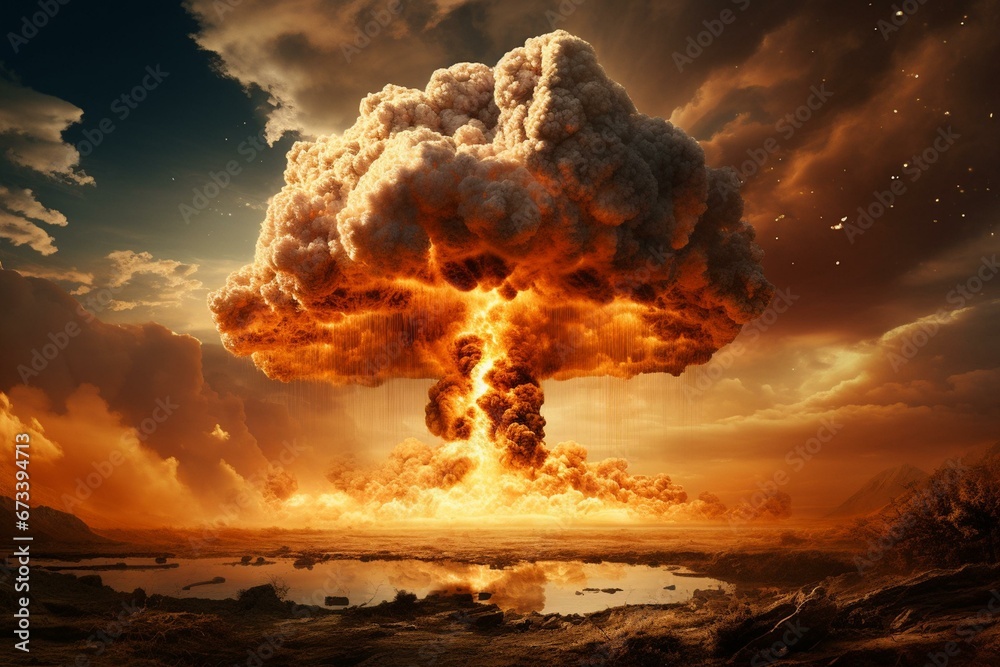 Explosive blast with mushroom cloud. Devastating power and atomic destruction. Generative AI - obrazy, fototapety, plakaty 