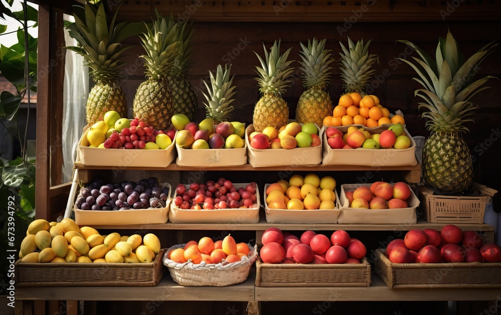 Apples, lemons, oranges, pomegranates, pineapples, peaches and strawberry. Various fruits in a street market