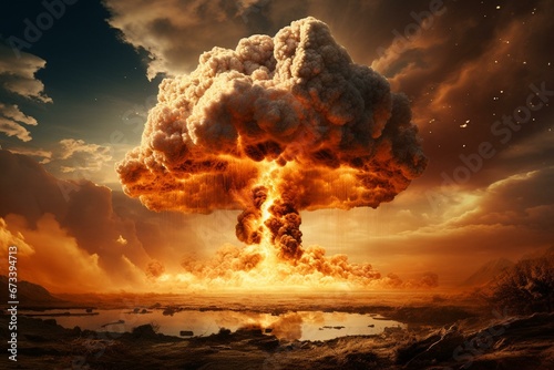 Explosive blast with mushroom cloud. Devastating power and atomic destruction. Generative AI photo