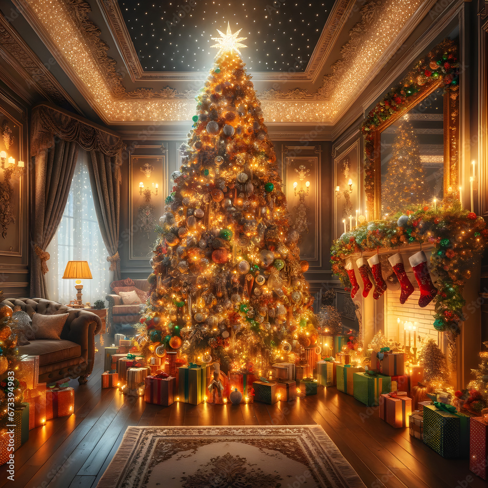 Christmas Tree Extravaganza with Elegant Room Décor and Warm Lighting