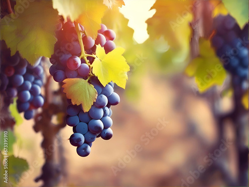Horizontal blur wallpaper with group of grapes. Detailed image violet grape.