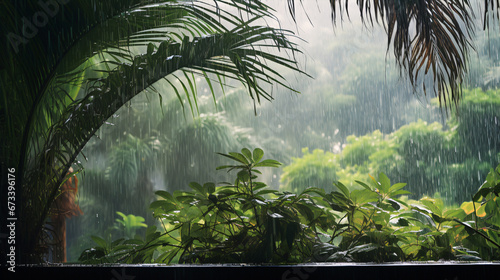 In the tropics during monsoon season  raining droplets drench a garden of palm trees.