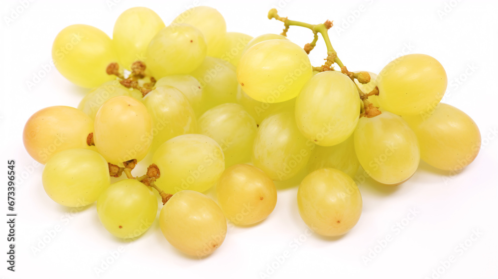 Cutting of glistening Muscat grapes on a pale surface from above.