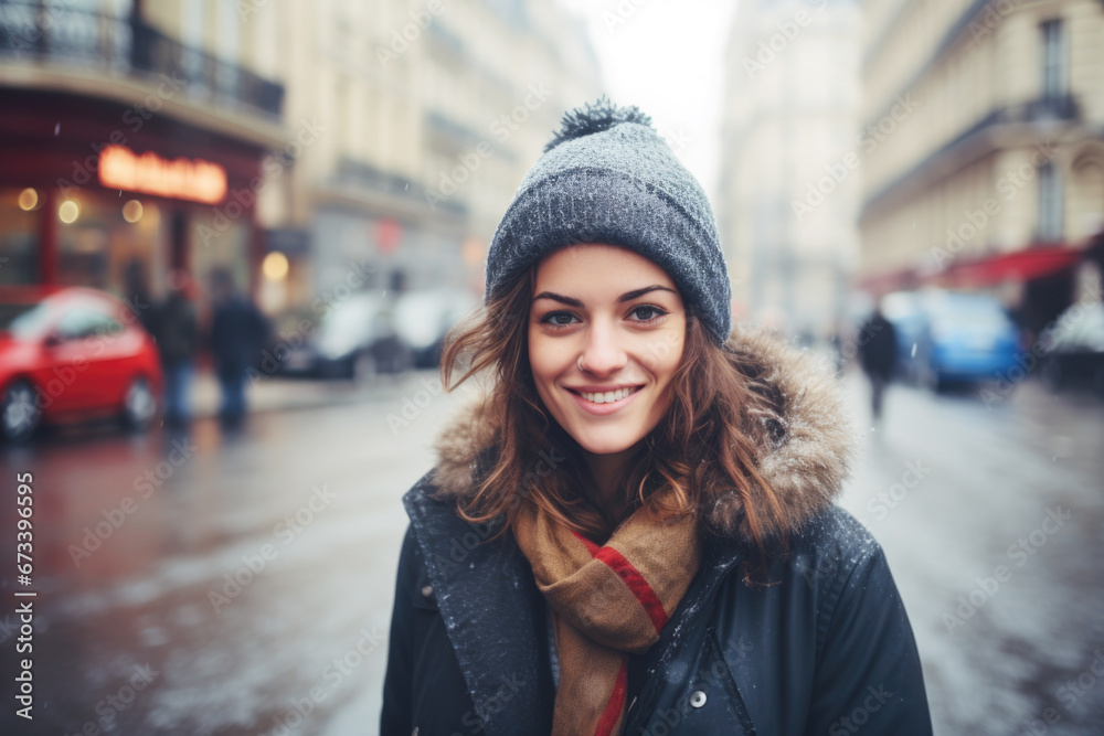 Portrait of beautiful young happy woman in winter clothes at street Christmas market in Paris. Real people Portrait of beautiful young happy woman in winter clothes at street Christmas market in Paris. Real people