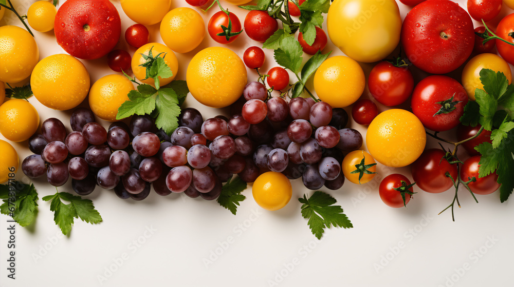 A bird's-eye view of uncooked cherries, grapes, and gourmet yellow and red tomatoes on a pale surface.