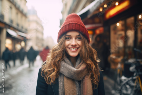 Portrait of beautiful young happy woman in winter clothes at street Christmas market in Paris. Real people