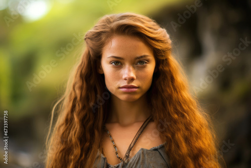 Young Neanderthal woman in the wild nature