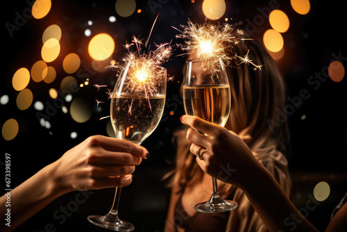 People celebrating Christmas of New Year with sparkling wine of champagne.